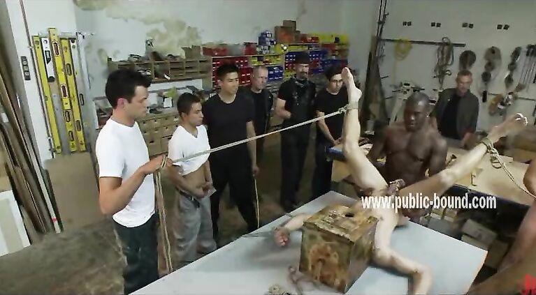 Gay hunk bound on a table and rammed