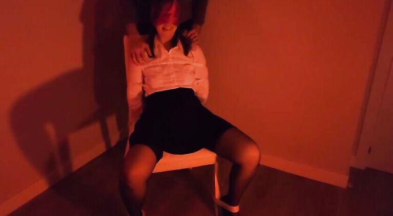 Tied to a chair and blindfolded to suck dick